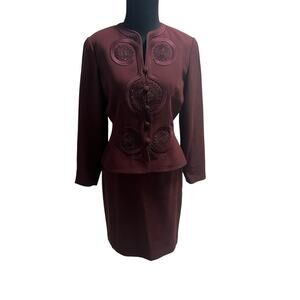 Vintage Adrianna Papell Skirt & Top Set Skirt Suit Embroidered Burgundy SZ 4P